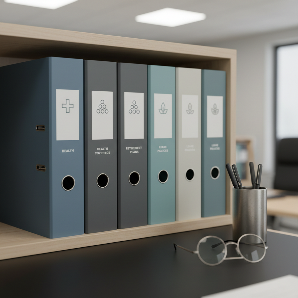 A close-up, photographic image of a neatly stacked set of labeled folders and binders, each in muted blues and grays, arranged on a tidy shelf. The visible spines show simple geometric icons instead of text, hinting at topics like health coverage, retirement plans, and leave policies. A matte black desk surface in the foreground holds a minimalist metal pen holder and a pair of reading glasses. Soft, diffused office lighting from above casts calm, even illumination with gentle shadows. Shot from a slightly elevated angle with moderate depth of field, the composition feels organized and methodical, evoking a professional, regulation-aware human resources environment focused on employee benefits.