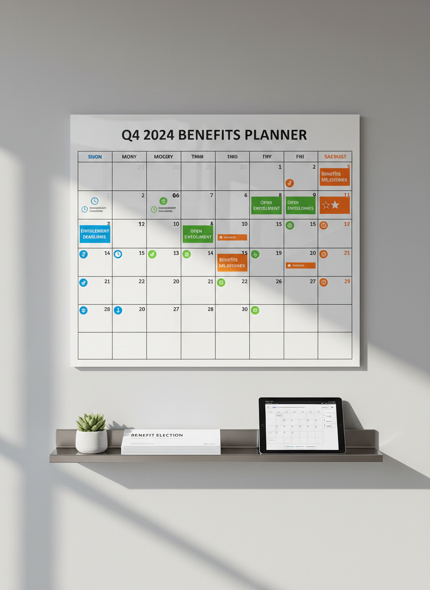 A large wall-mounted calendar board in a contemporary office setting, each date square filled with small abstract symbols and color-coded markers representing enrollment deadlines, open enrollment periods, and key benefits milestones. The board is framed by a smooth, neutral-colored wall, with a slim metal shelf below holding a stack of forms, a sleek tablet, and a small potted succulent. Natural afternoon light from an unseen window creates soft highlights across the glossy calendar surface and muted shadows beneath the shelf. Photographic realism, captured straight on for clarity, with a calm, organized atmosphere that emphasizes planning, staying covered, and managing evolving benefits timelines.